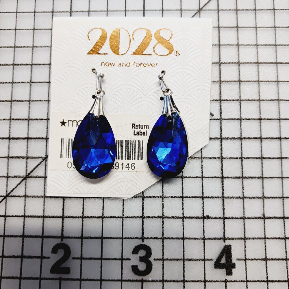 Earrings Pierced Dangle 2028 Blue Crystal Teardrop Silver Tone Prom NWT On Card
